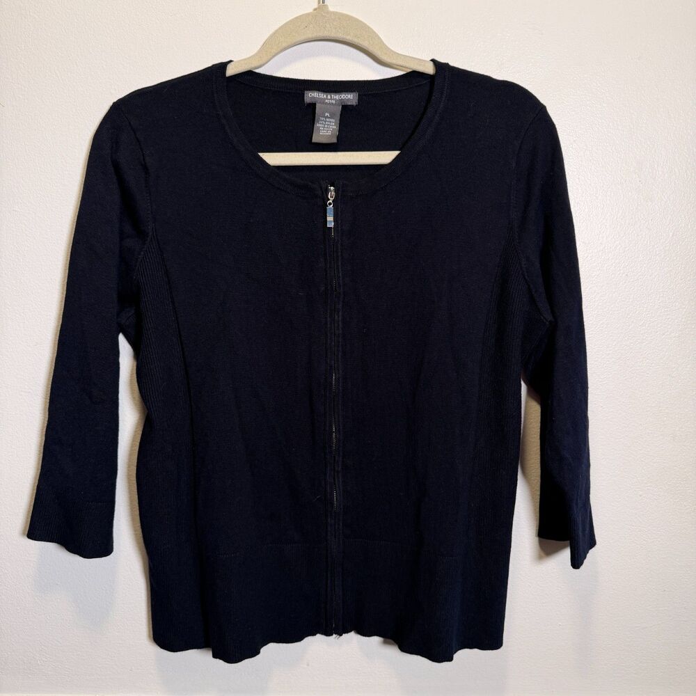 Chelsea & Theodore Petite PL Black Zip Front Cardigan Rayon Nylon 3/4 Sleeve